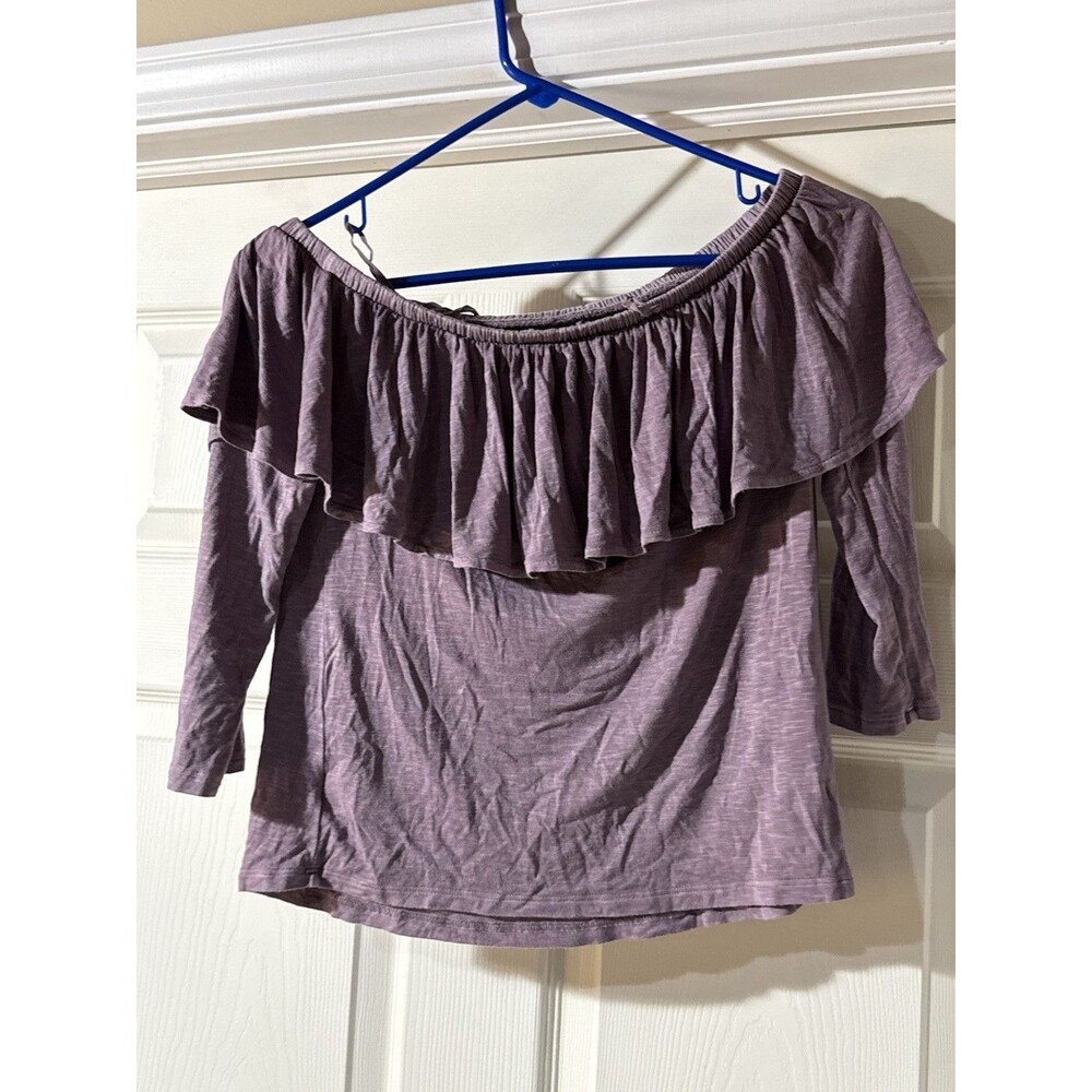 NWT American Eagle Off‑The‑Shoulder Ruffle Top – Purple – Size XS – 3/4 Sleeve